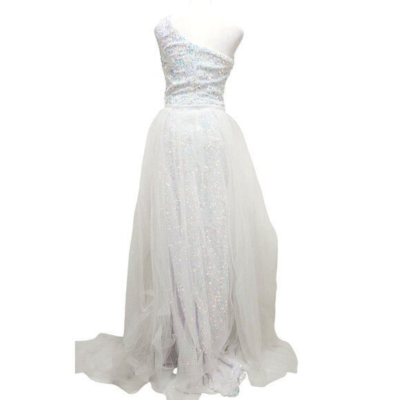 One-Shoulder Dress White Sequin Gown With Detachable Tulle Skirt Size 2 - Picture 5 of 14